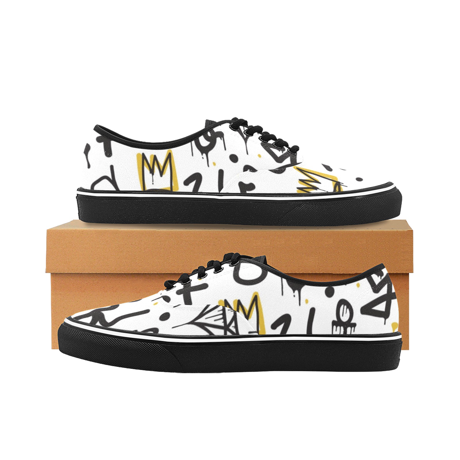 Women's Classic Canvas Low Top Shoes with unique white all-over graffiti design, black sole.