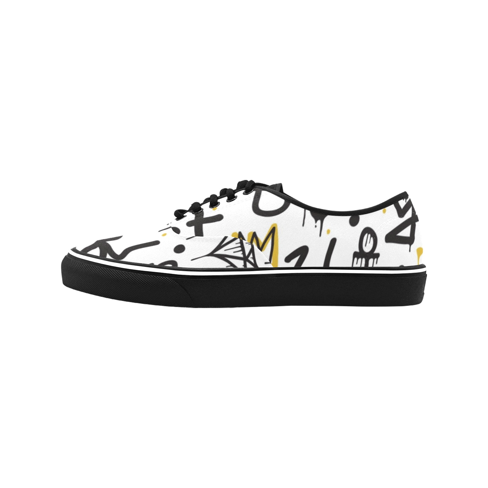 Women's Classic Canvas Low Top Shoe with Graffiti Design - White Canvas, Black Sole.