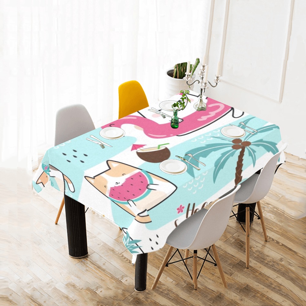 Thickiy Ronior polyester tablecloth, featuring a cartoon cat with tropical design for dining or parties.