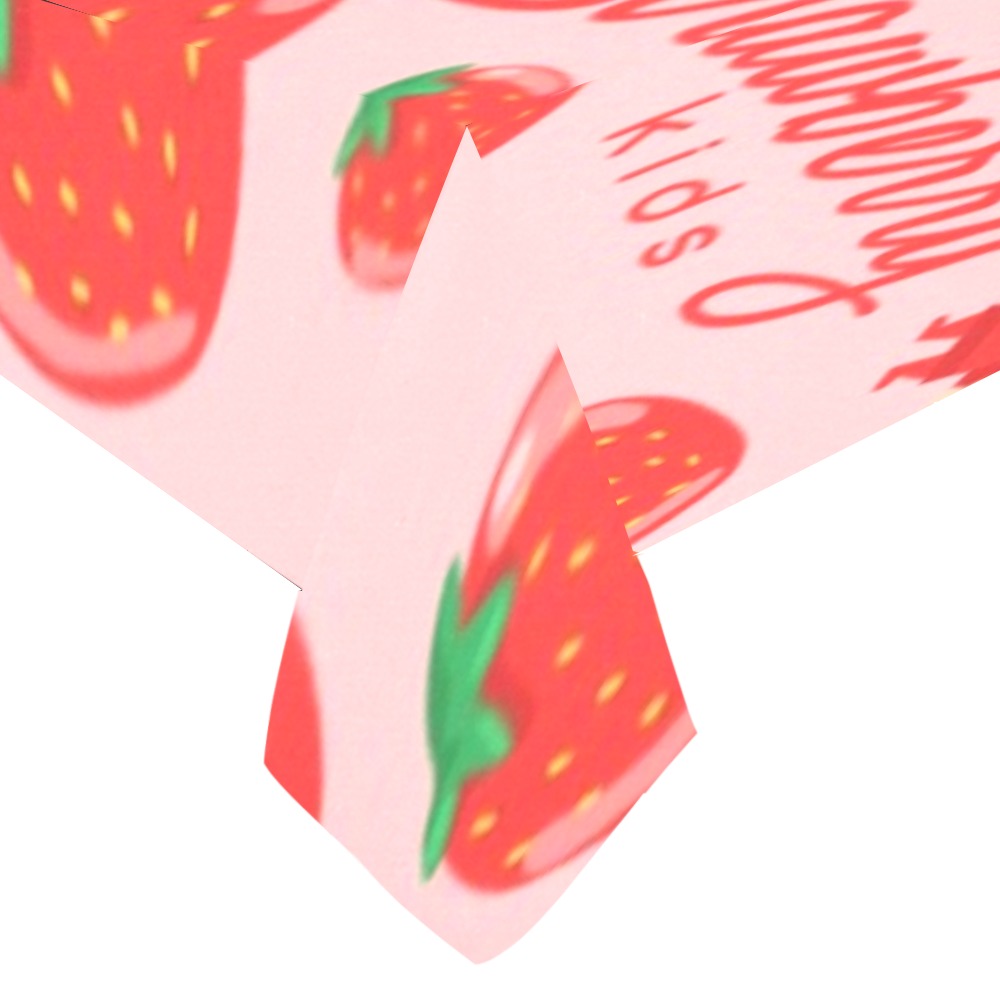 Polyester tablecloth with strawberry print, 104"x60", for dining, featuring kids text