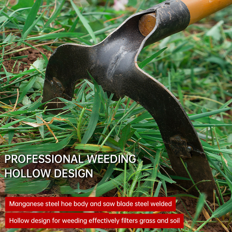Close-up of the hollow hoe head cutting through grass with open cutout