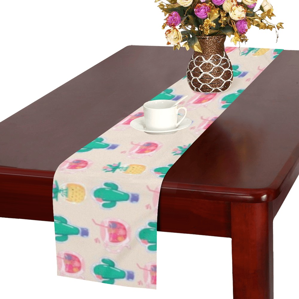 Thickiy Ronior Table Runner on a wooden table, featuring a colorful cactus pattern.