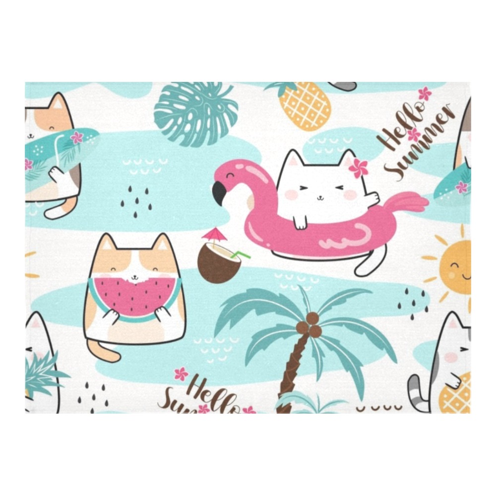 Thickiy Ronior polyester tablecloth with cartoon cats, flamingo float, palm tree, and pineapple design, perfect for parties.
