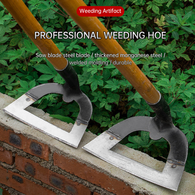 Two weeding hoes on a brick wall showing welded neck and head joints