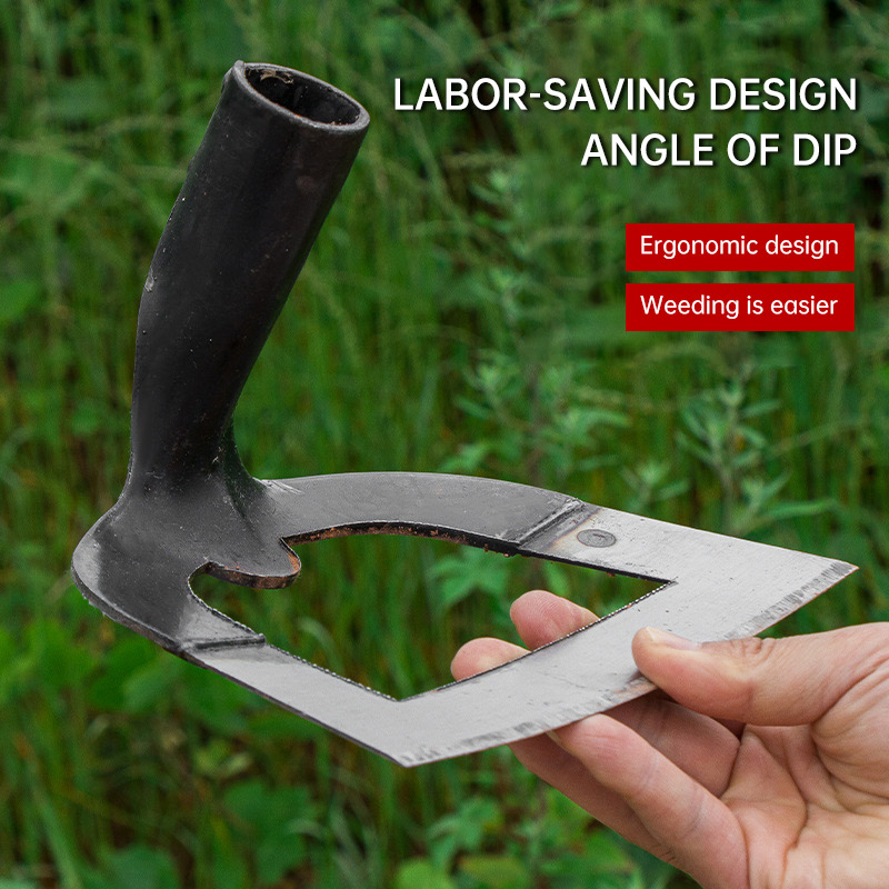 Hand holding the hoe showing the angled socket neck and open cutout