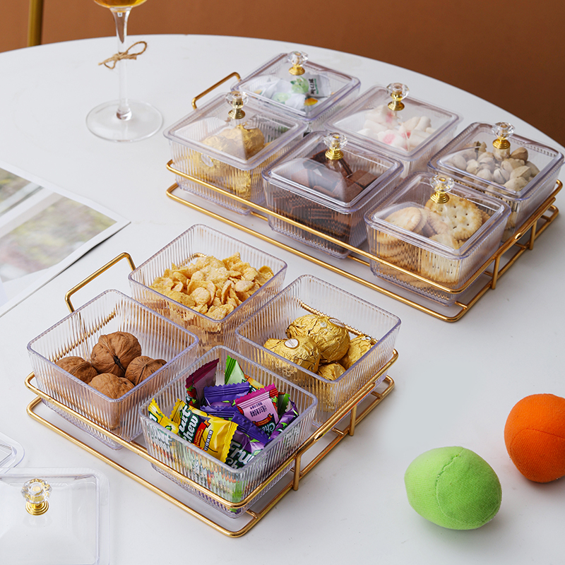 Two-tier configuration with six and four compartments filled with nuts, chips and candy