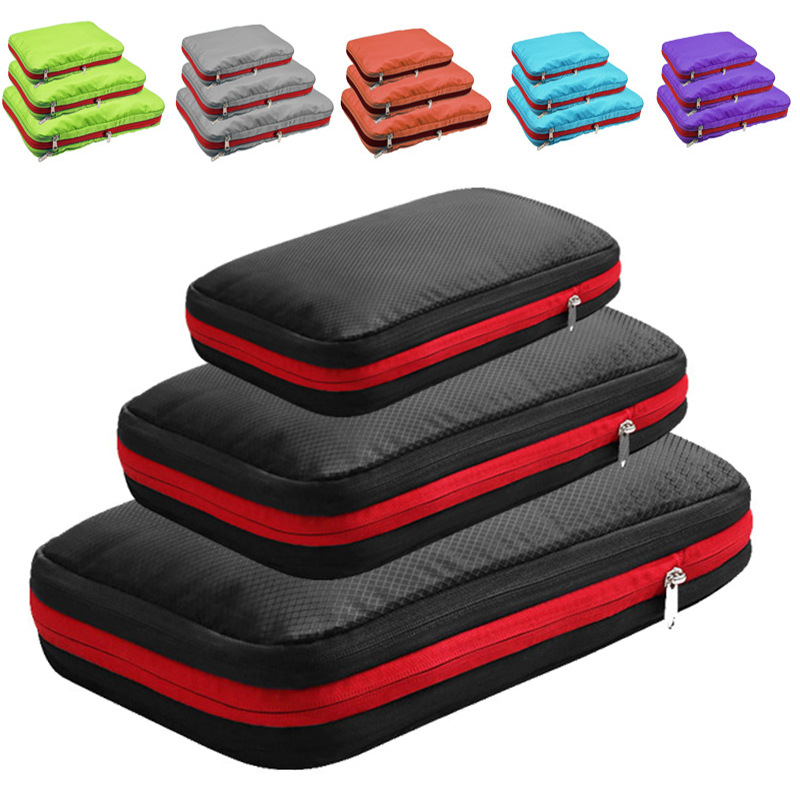 Black three-piece packing cube set with red zippers and color variants