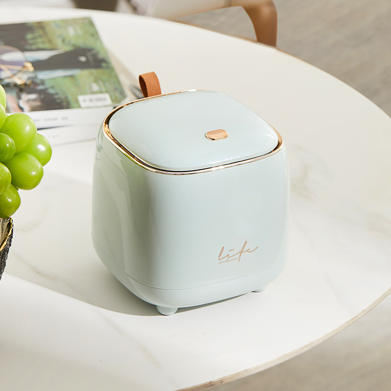 Mint square trash can with rose-gold rim and leather-look pull tab