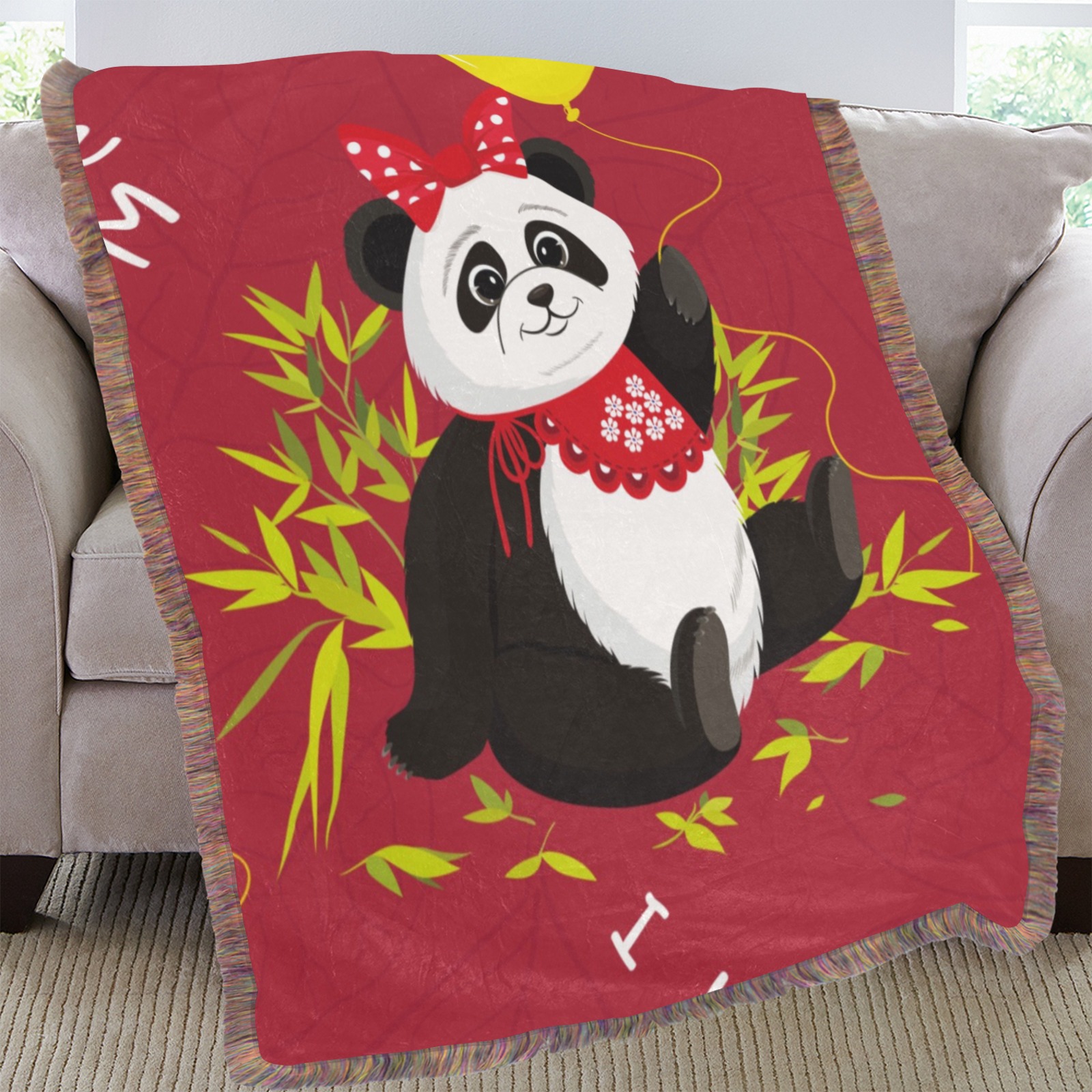 Ultra-Soft Mixed Green Fringe Blanket with Panda Pattern