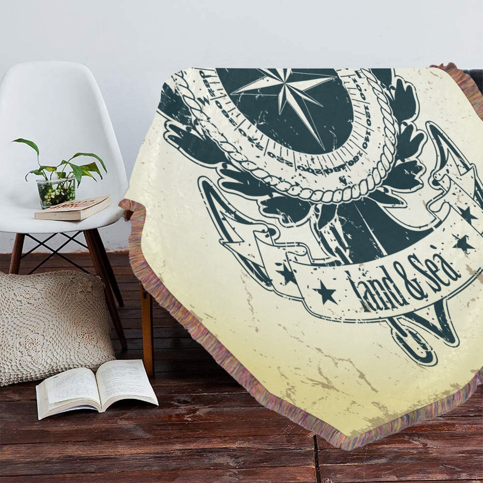 Mixed Green Fringe Blanket with Compass Rose Design on Couch | Inkedjoy