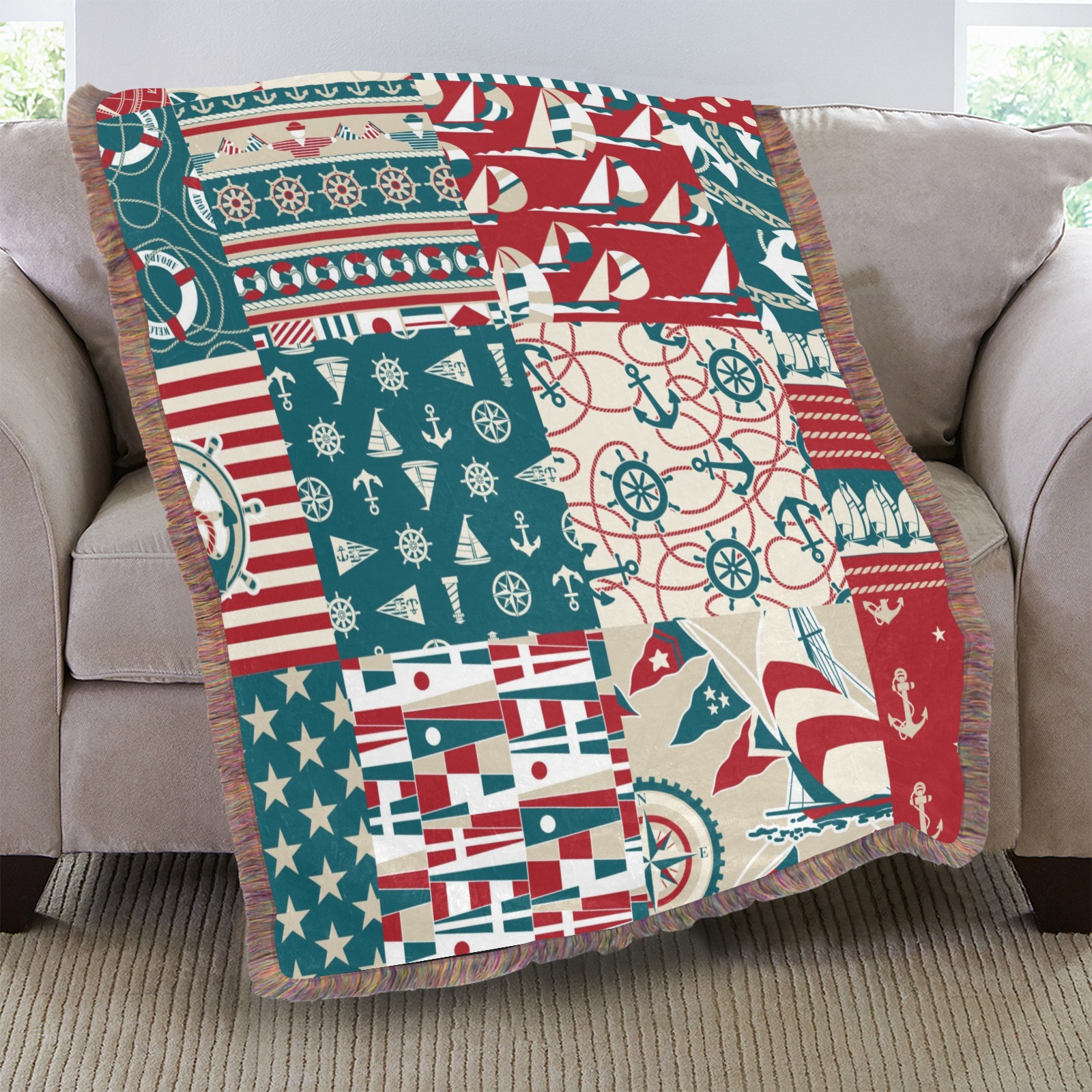 Mixed green fringe blanket on a beige sofa, 30x40 inches, perfect for indoor and outdoor use.