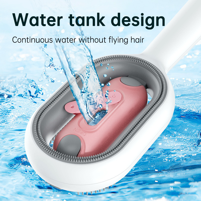 Water poured into the open tank of a pink pet grooming comb