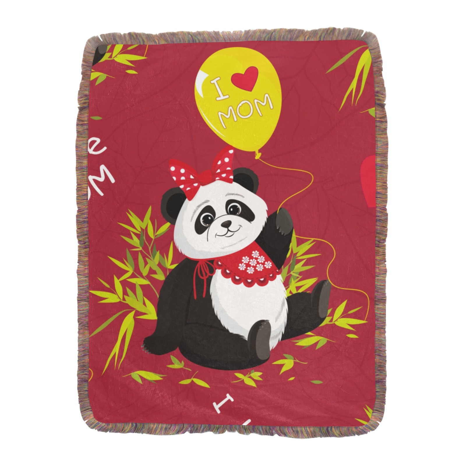 Red blanket with panda design, holding a yellow balloon, 60x80 inches