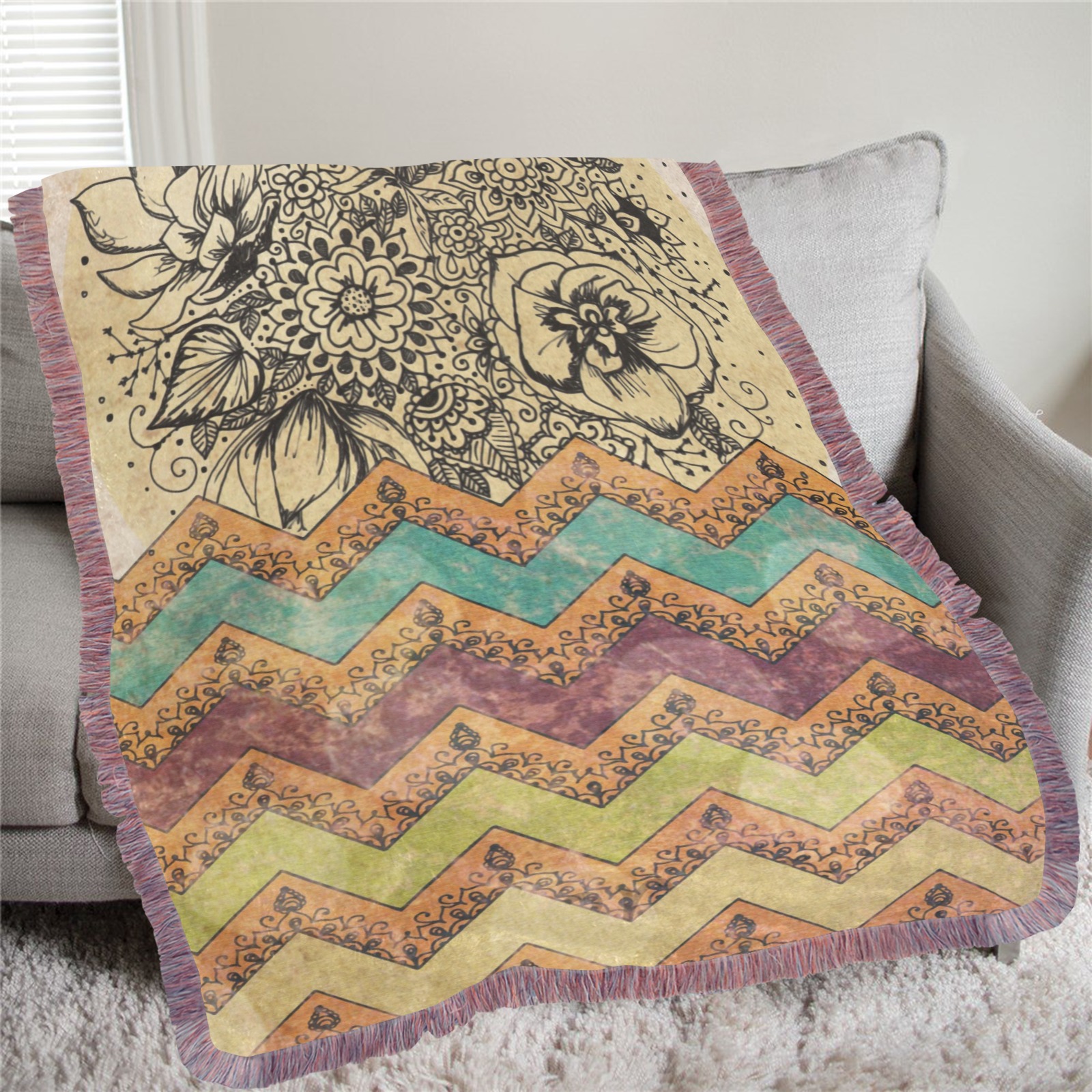 Ultra-Soft Mixed Pink Fringe Blanket on a sofa, with floral design and chevron pattern, 60x80 inch