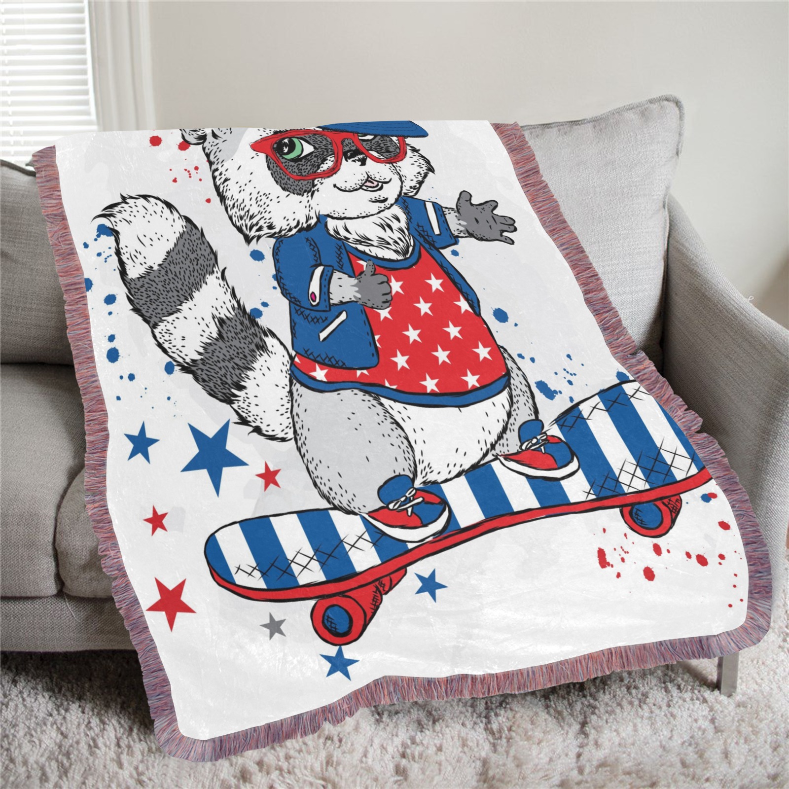 Ultra-Soft Mixed Pink Fringe Blanket with Patriotic Raccoon Design, 40x50 inch polyester