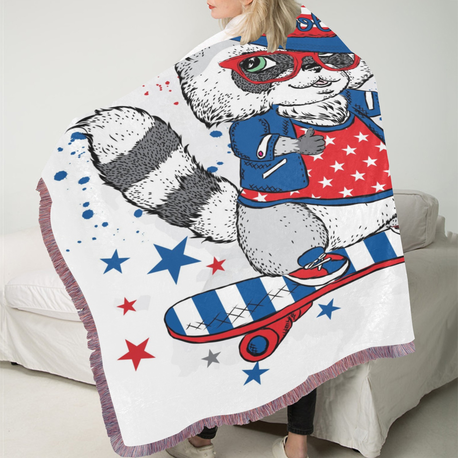 Ultra-Soft Mixed Pink Fringe Blanket with Patriotic Raccoon Design, 40x50 inch polyester