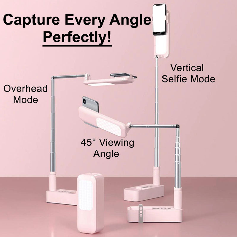 Stand reaching overhead, vertical selfie and 45° shooting positions