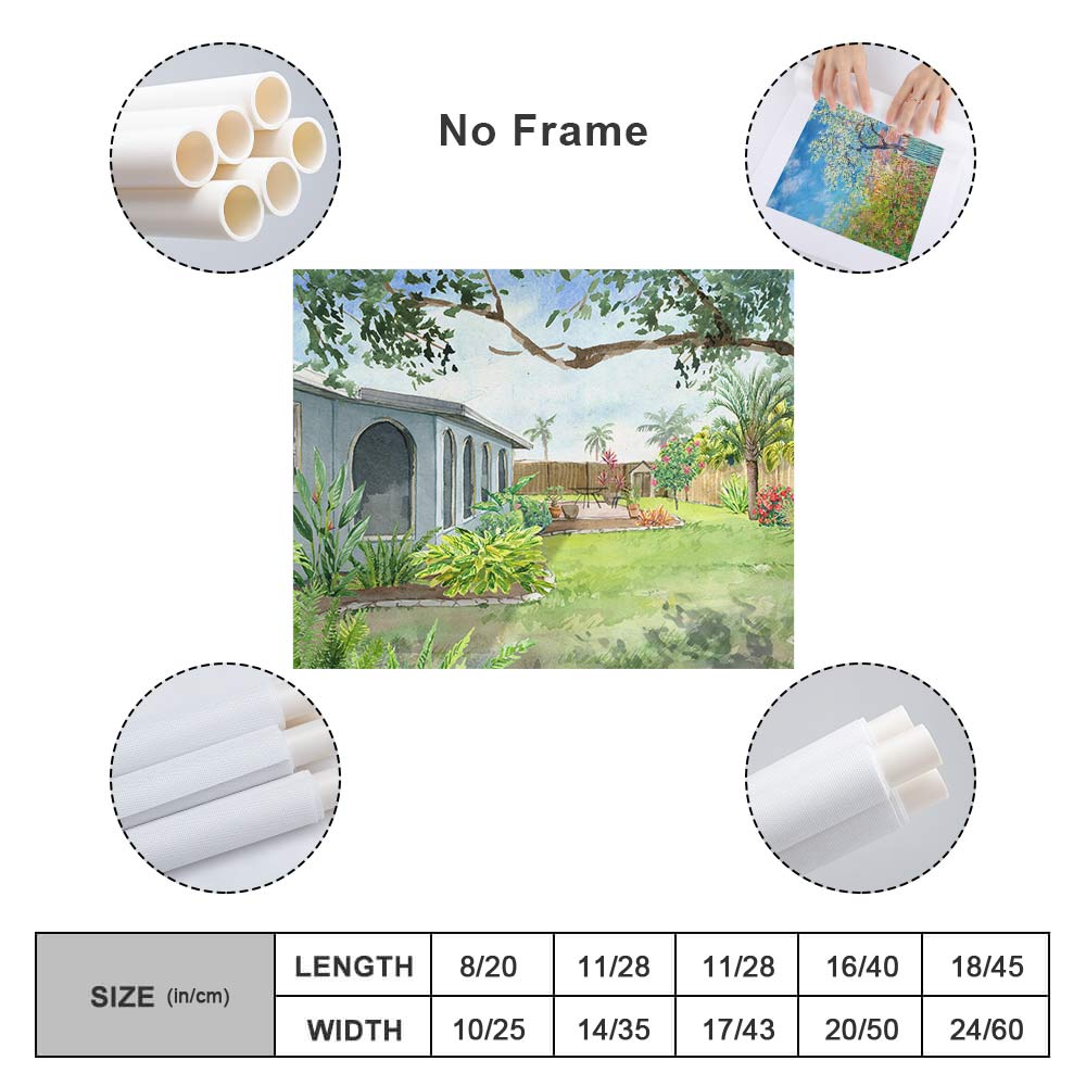 Canvas print, No Frame design, showcasing a building and lush garden, perfect for living room or office decor.