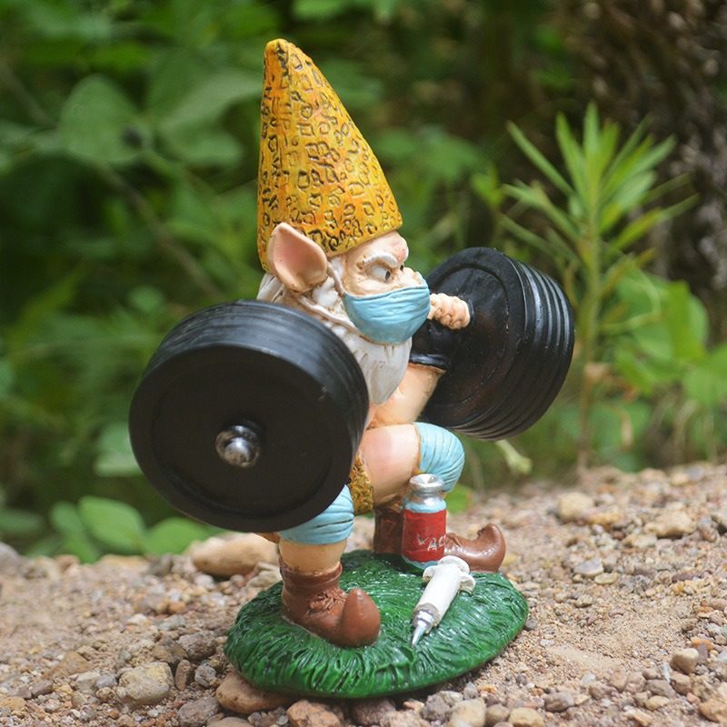 Gnome with barbell, blue face mask and leopard-print hat
