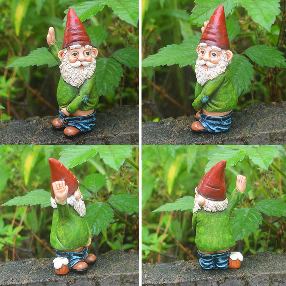 Gnome statue seen from four angles among green leaves on a stone ledge