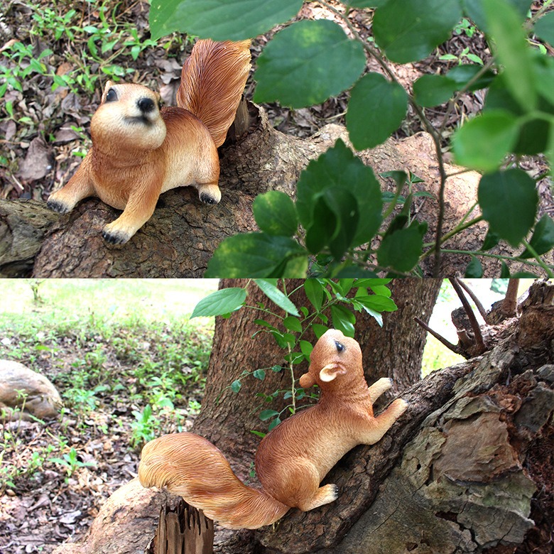 Bare tree trunk section in a garden where squirrel figurines are about to be placed