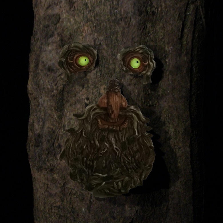 Tree face with glowing green eyes on bark at night