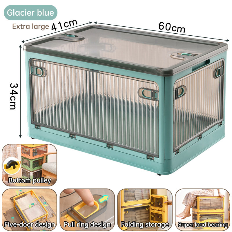 Clear ribbed storage box with contents visible through the doors
