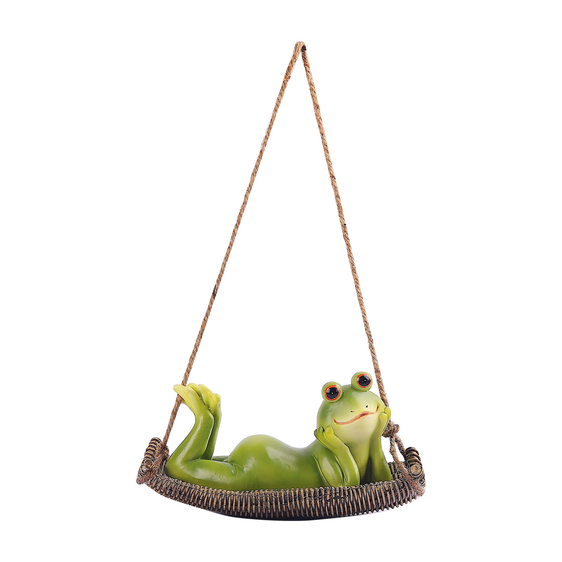 Green frog figurine on a rattan swing hanging from natural jute rope