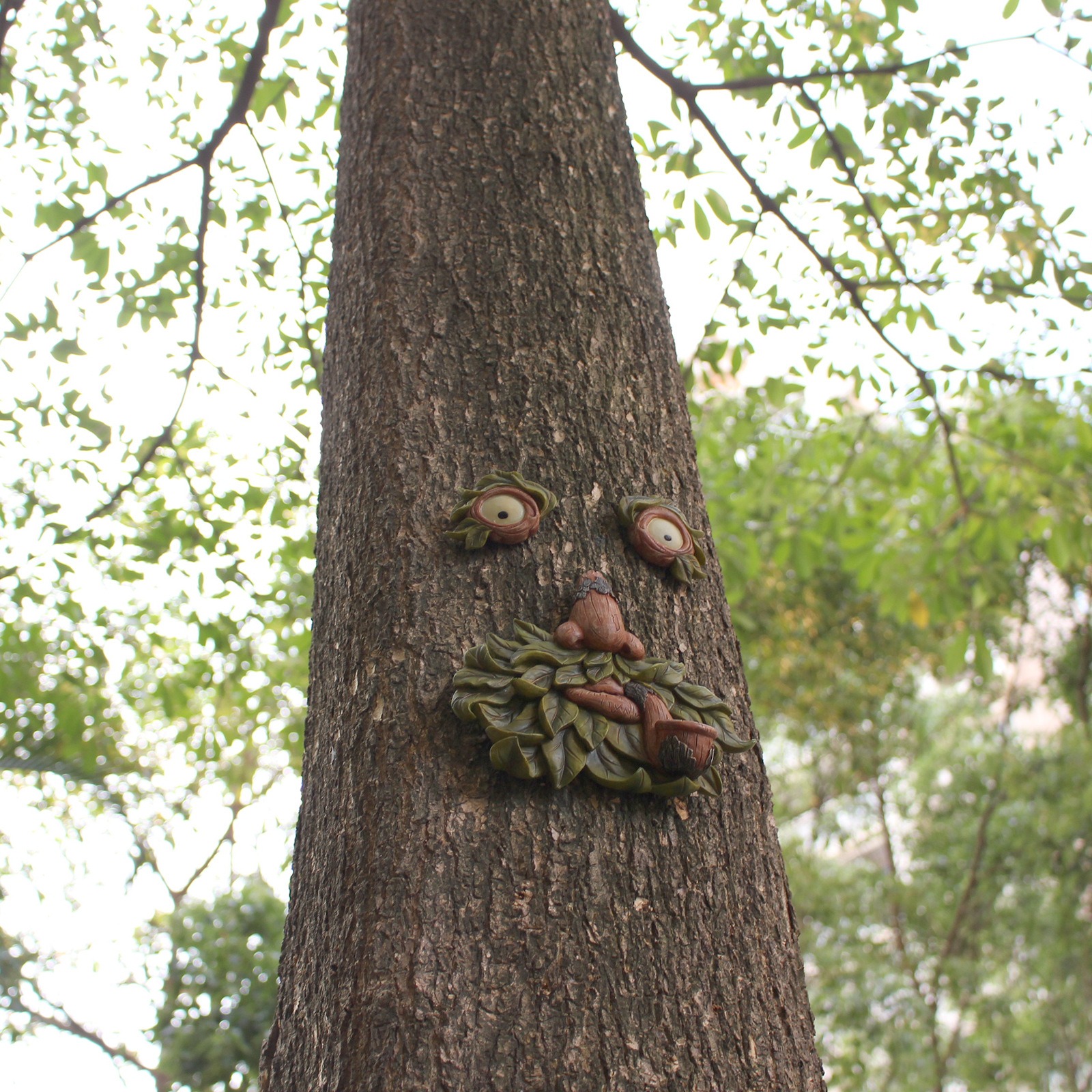 Resin tree face set into bark on a tree trunk outdoors
