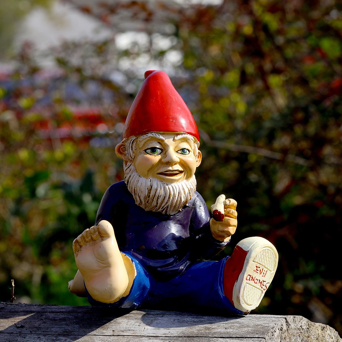 Gnome figurine on a log in sunlight with blurred foliage