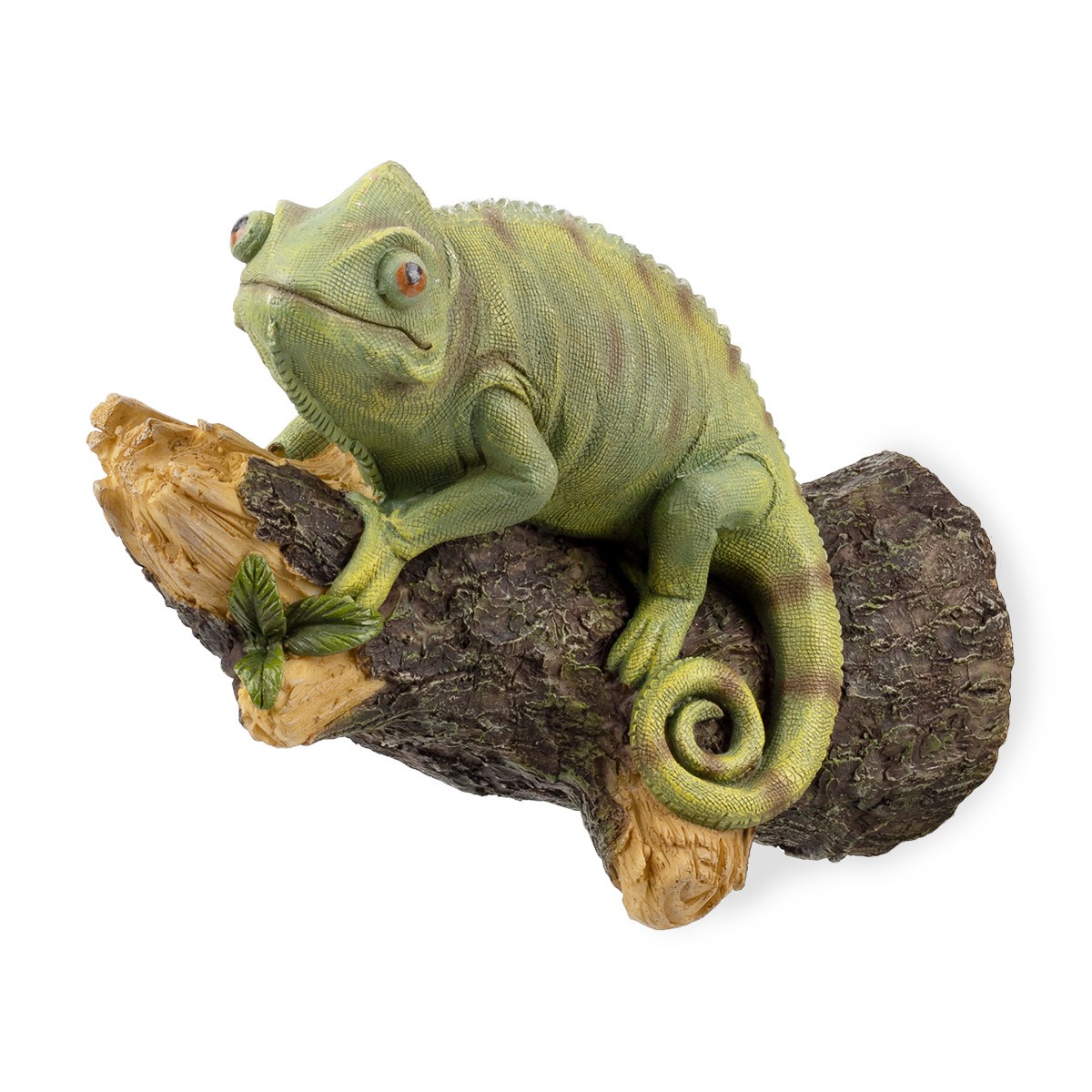 Green chameleon decoration perched on a bark-textured branch