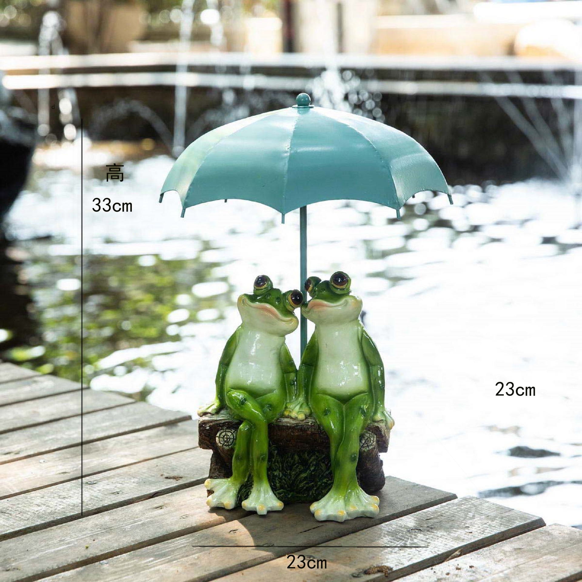 Frog figurines arranged on a bench in an outdoor garden setting