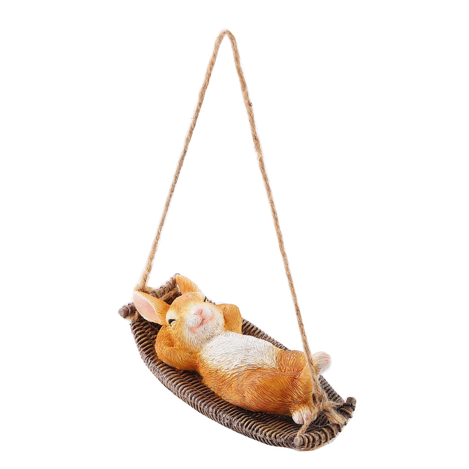 Close-up of resin rabbit with painted fur and closed eyes on a swing