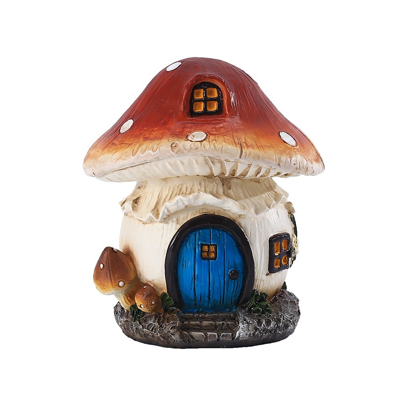 Hand-painted mushroom cottage with cream walls and cobalt door