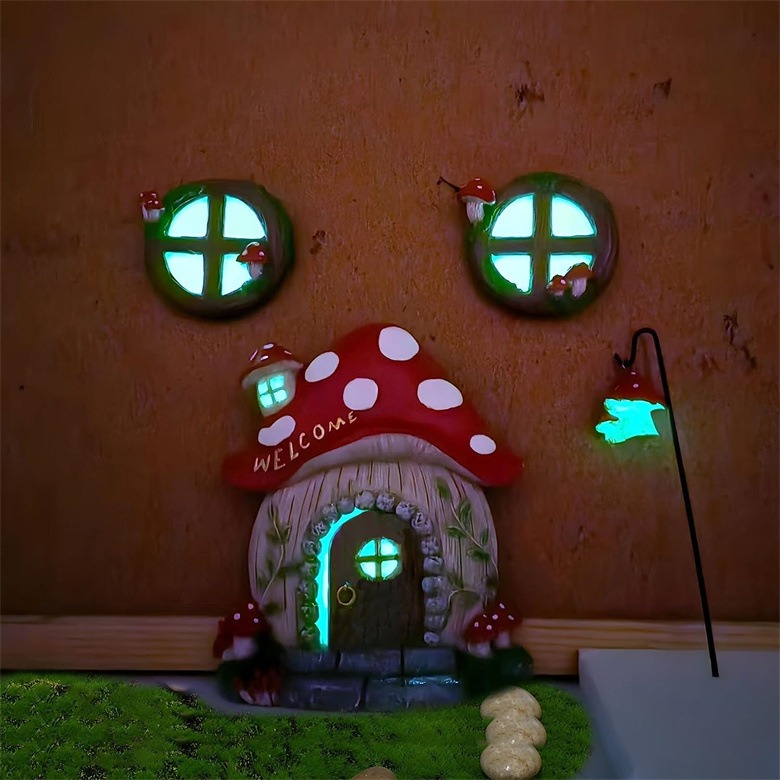 Mushroom fairy house with windows and lantern glowing green in a dim room