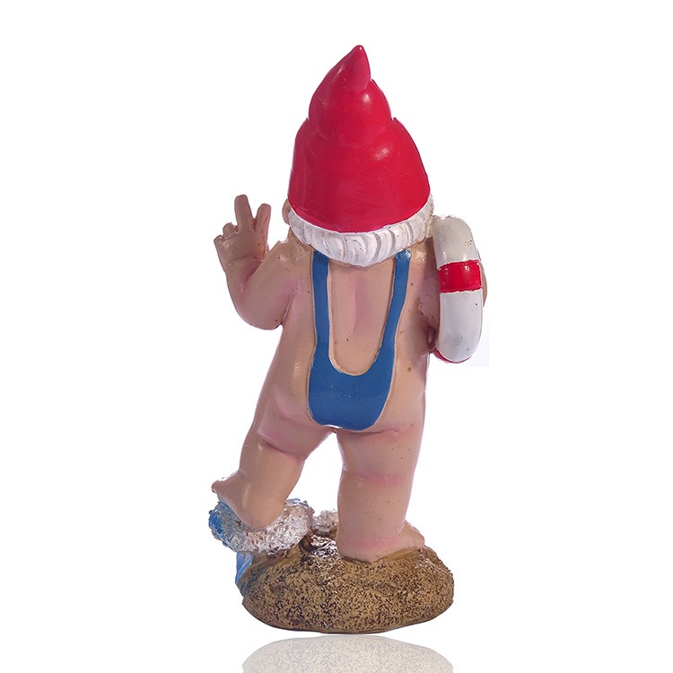 Back view of gnome showing swim trunk straps and life ring