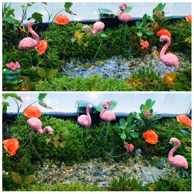 Two-panel view of flamingos among moss, flowers and pebbles in planter display