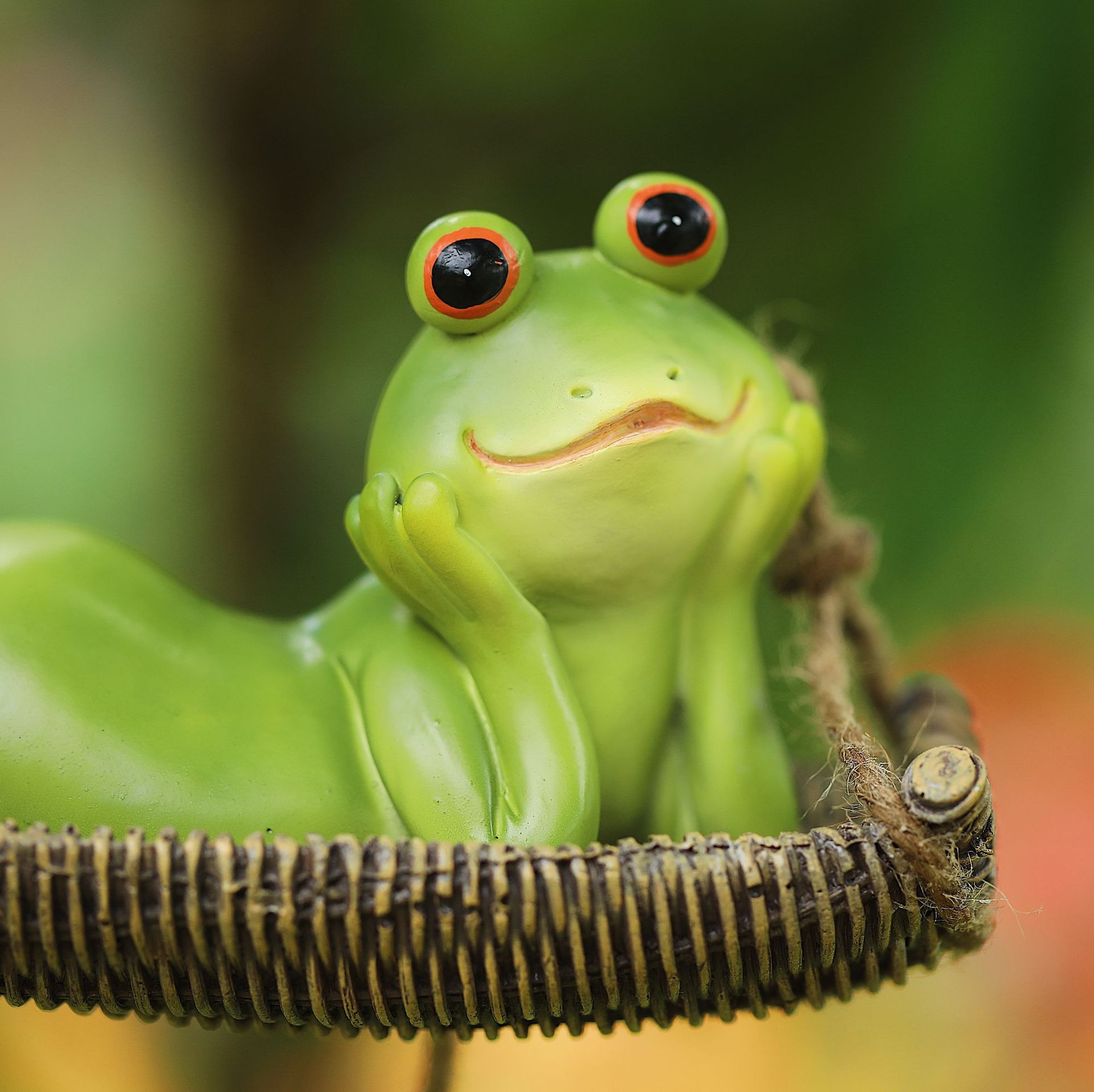 Close-up of a green frog with red-rimmed eyes resting its chin on rattan rim