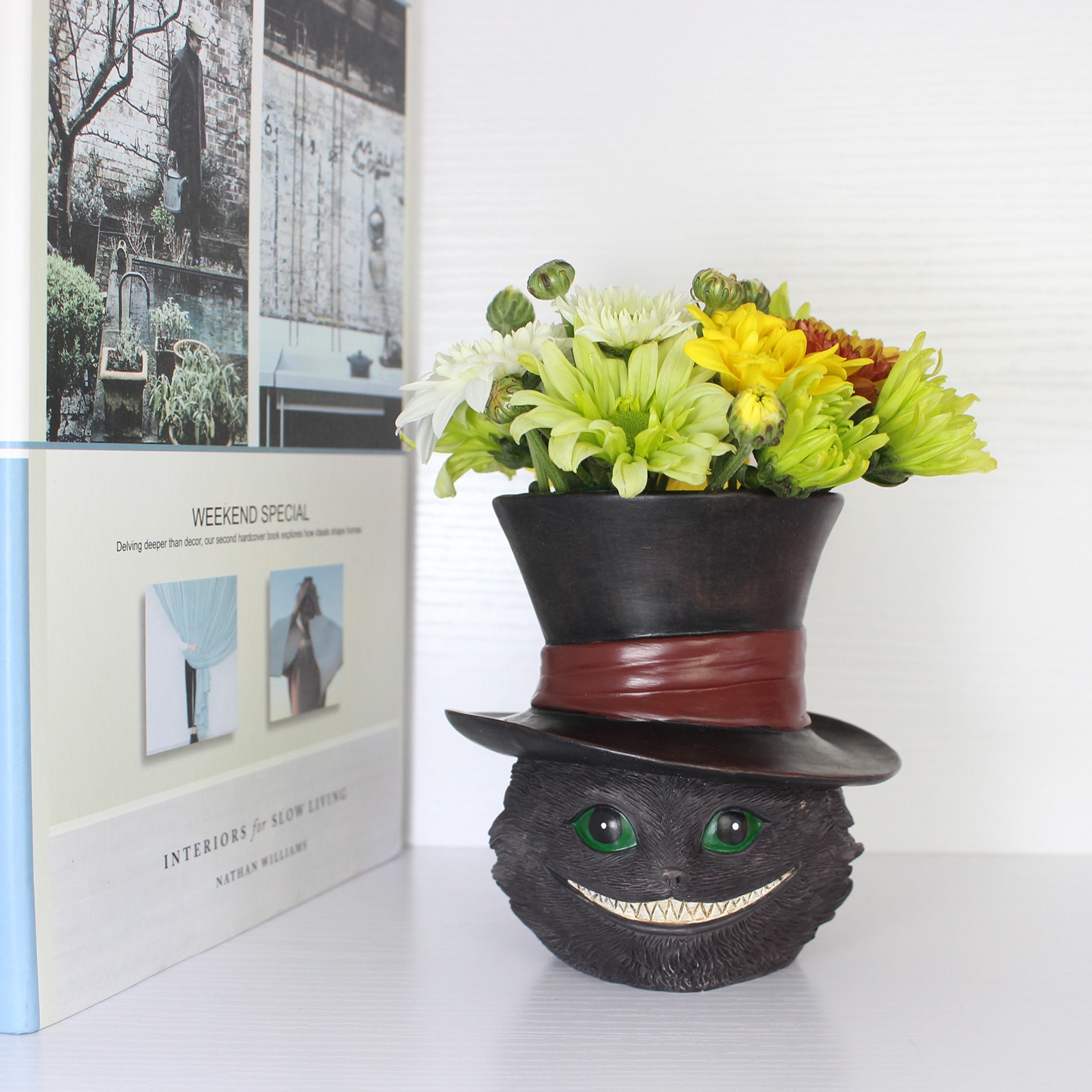 Cheshire Cat resin planter sitting on a shelf