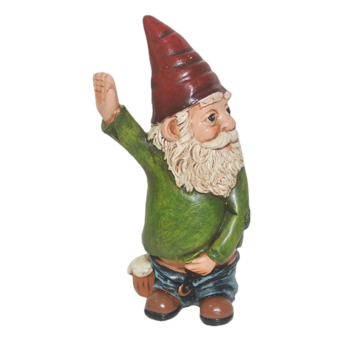 Side view of garden gnome with raised waving arm on white background