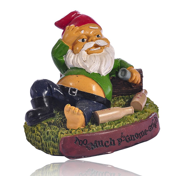 Gnome statue with engraved-look plaque and bottles on base