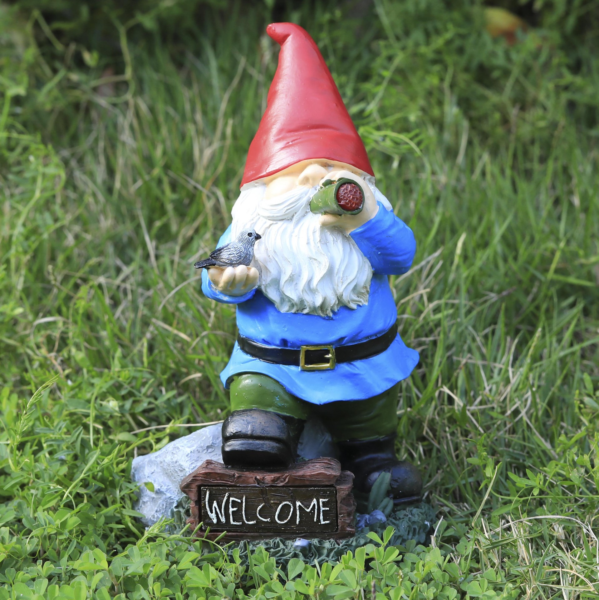 Gnome set with WELCOME wooden sign and grey bird figure