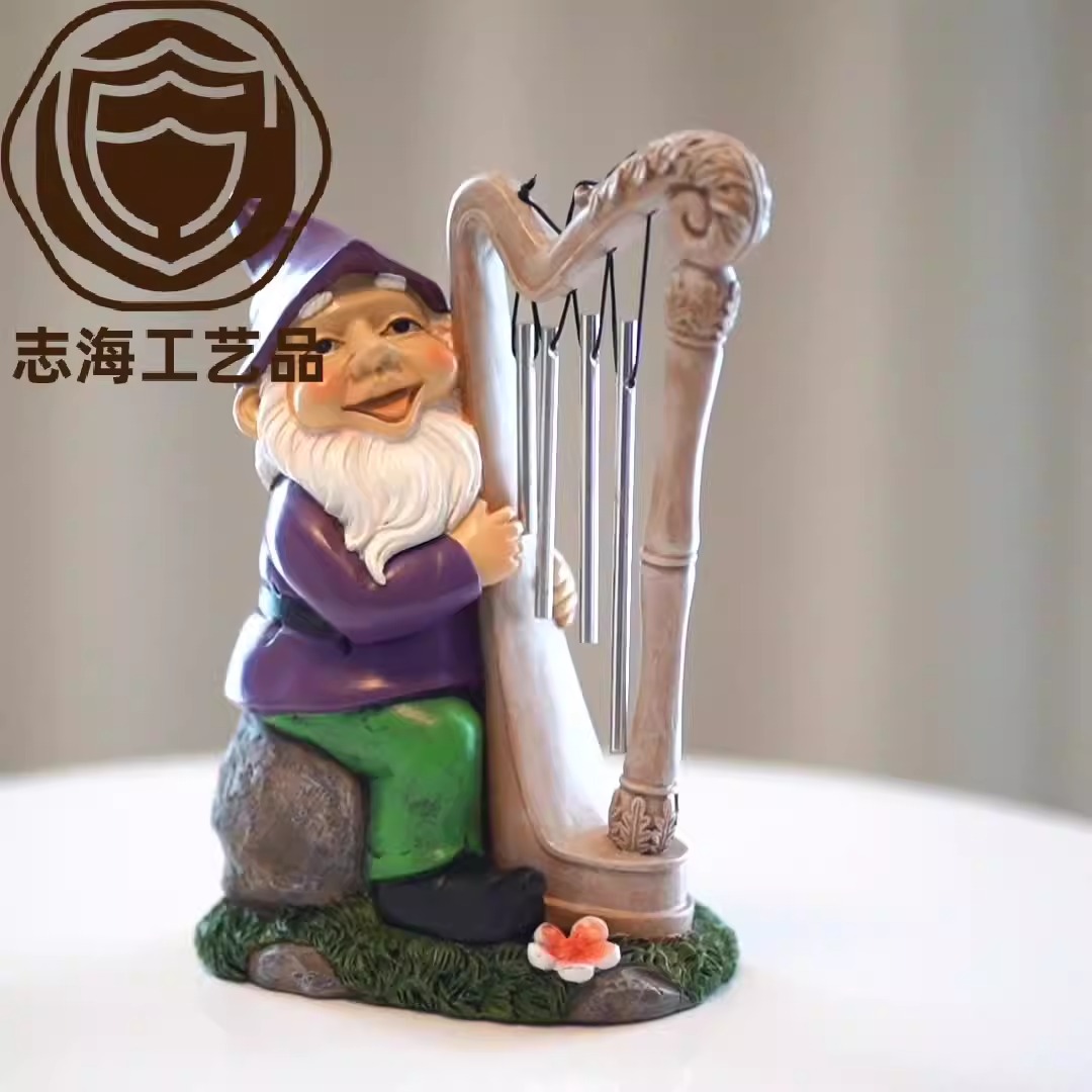 Gnome harp figurine with sculpted beard and carved harp on a light tabletop