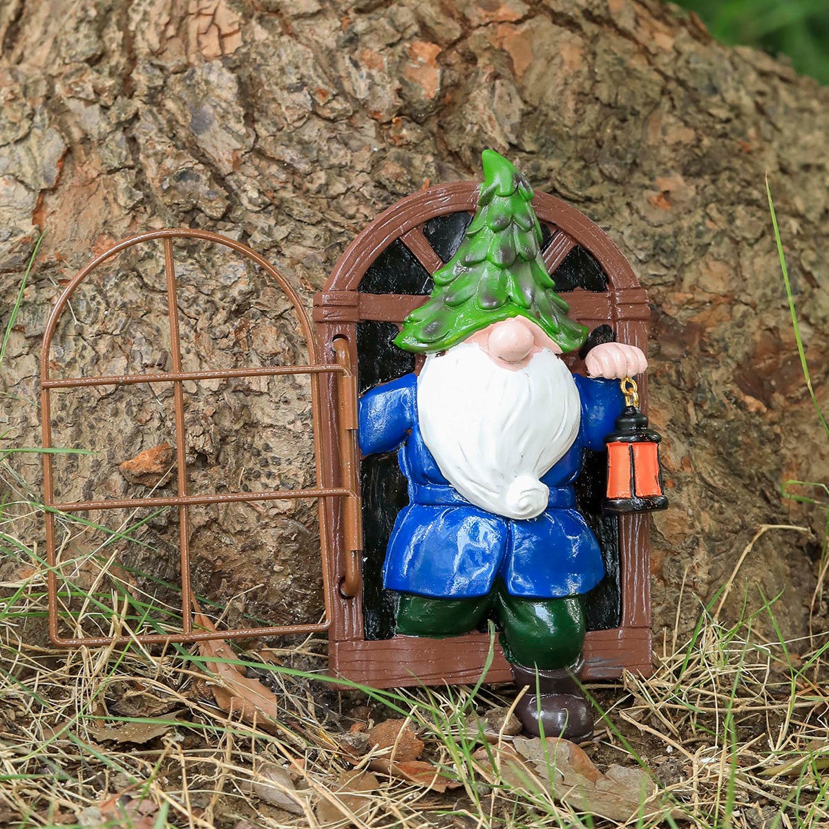 Flip panel open on the gnome window in a natural garden setting