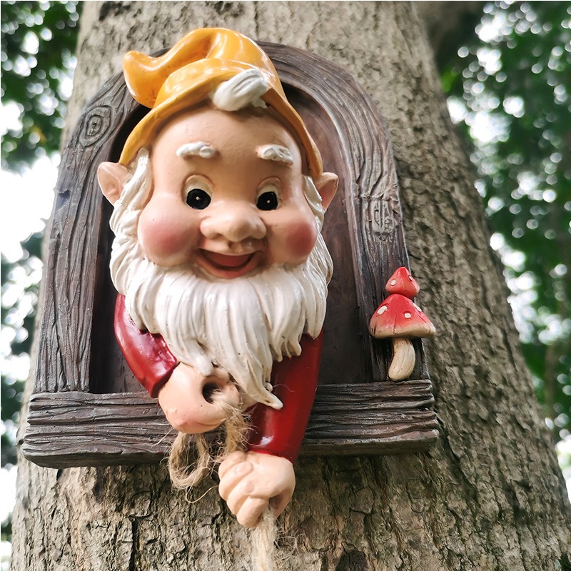 Peeking gnome in wood-look arched window with red mushroom detail