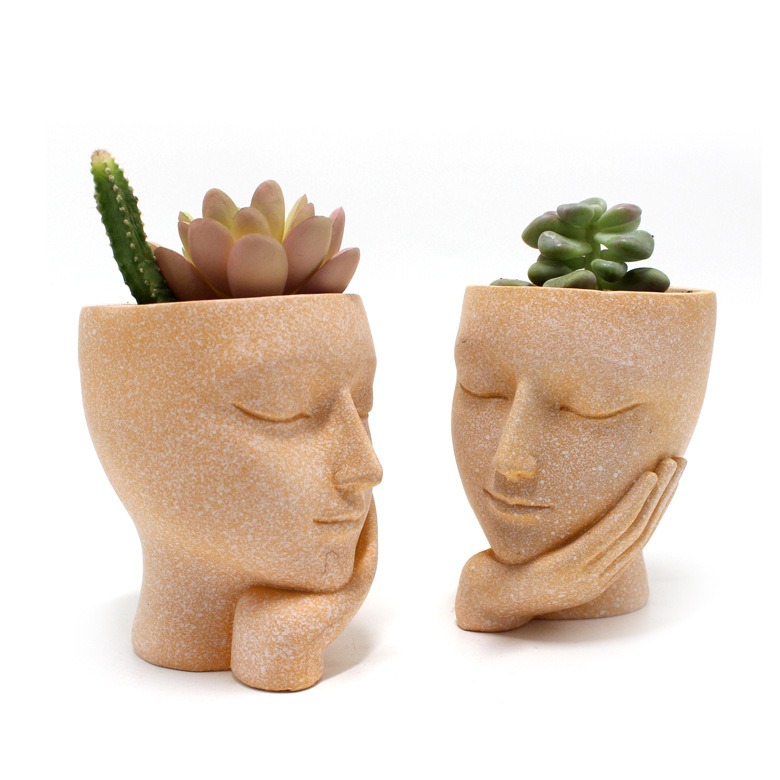 Two face planters on a ledge beside succulents and a cactus