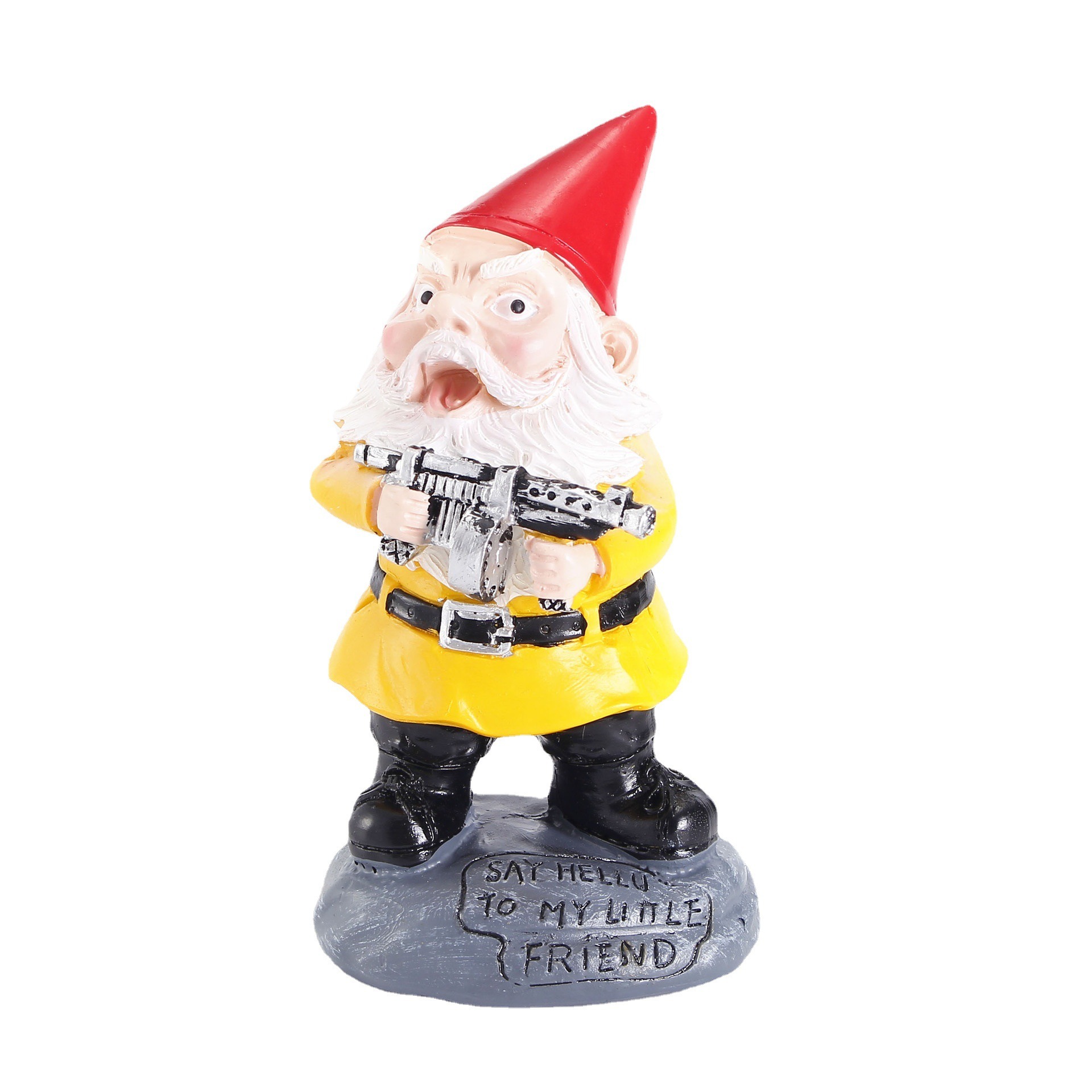 Close front view of resin gnome face with painted grin and red hat