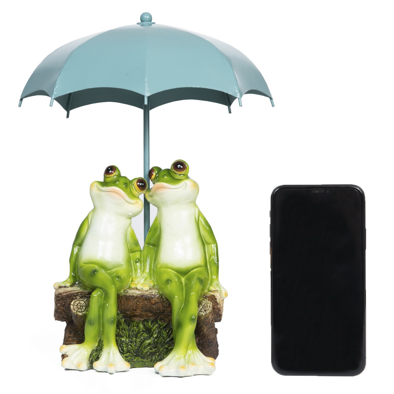 Frog umbrella figurine beside a smartphone showing its tabletop scale