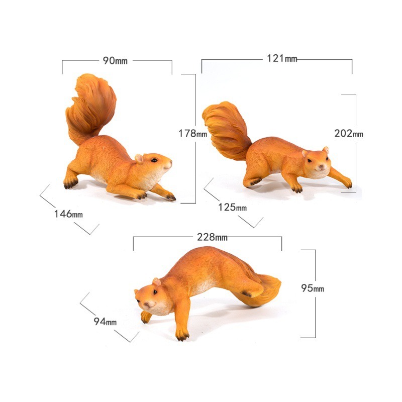 Dimension diagram of squirrel figurine in three poses with millimeter measurements