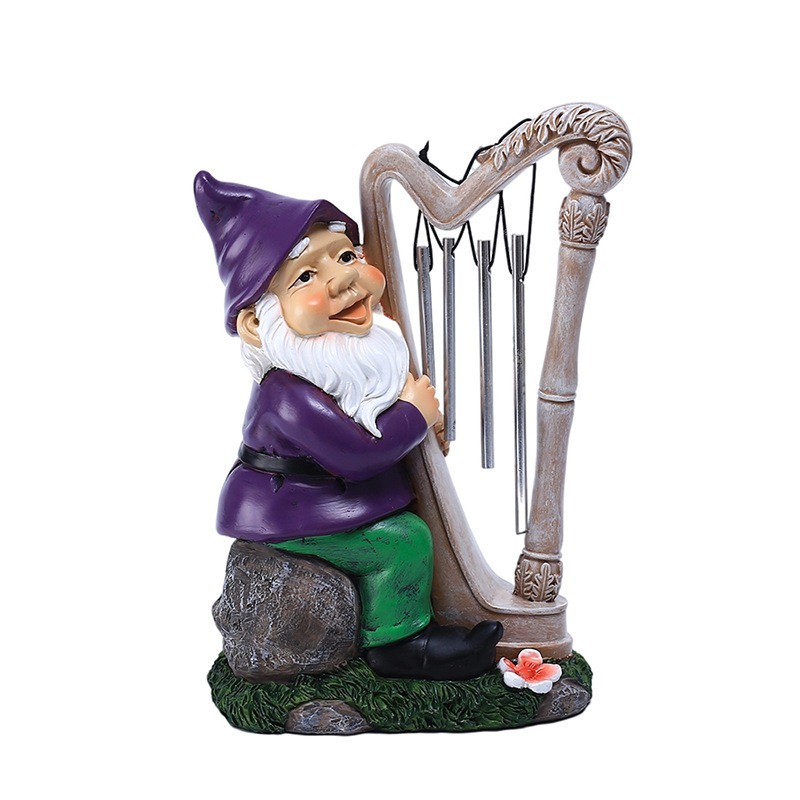 Purple and green resin gnome with whitewashed harp and silver chime tubes
